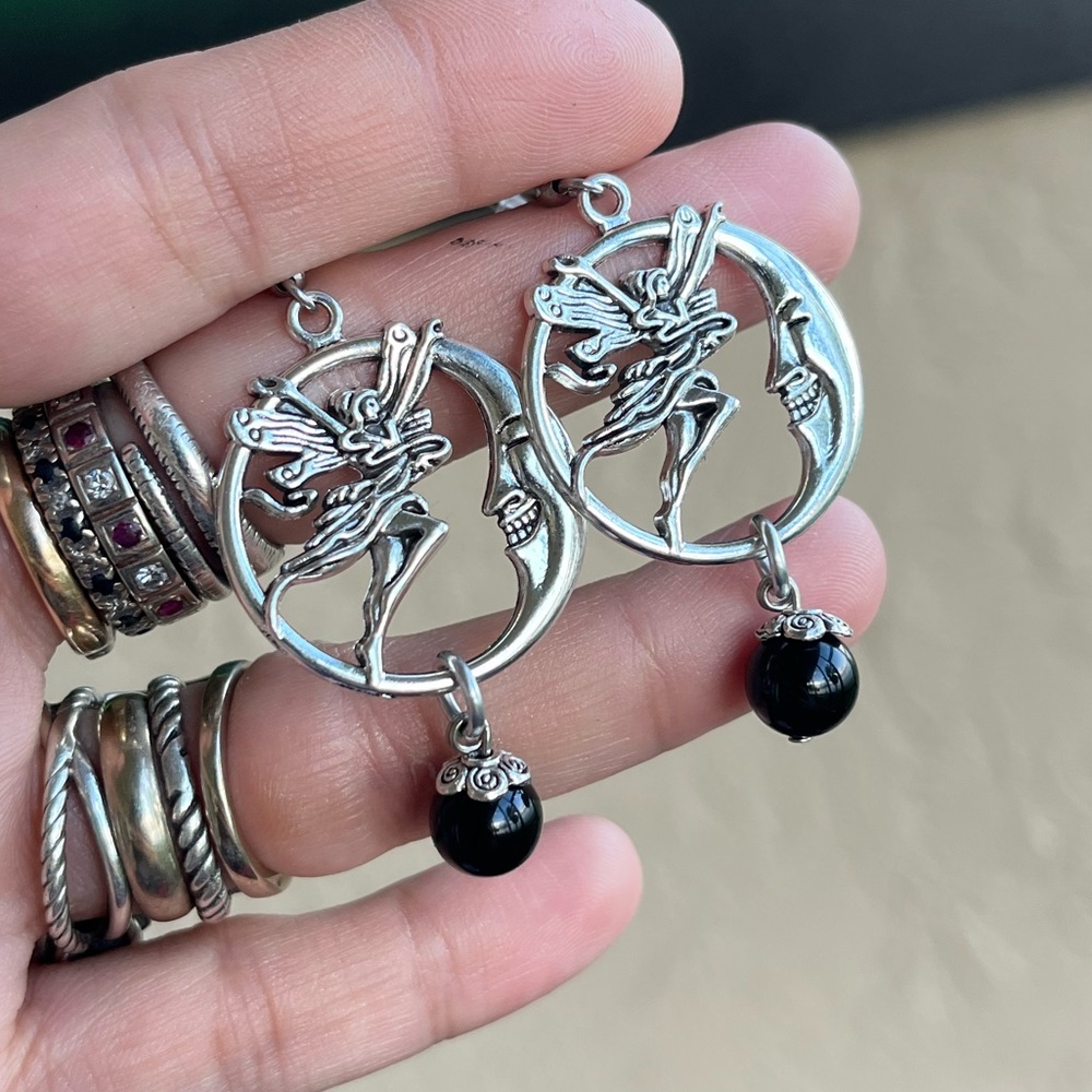 Set ! Fairy & moon dangly onyx gemstones beads necklace + matching earrings boho - Picture 6 of 12